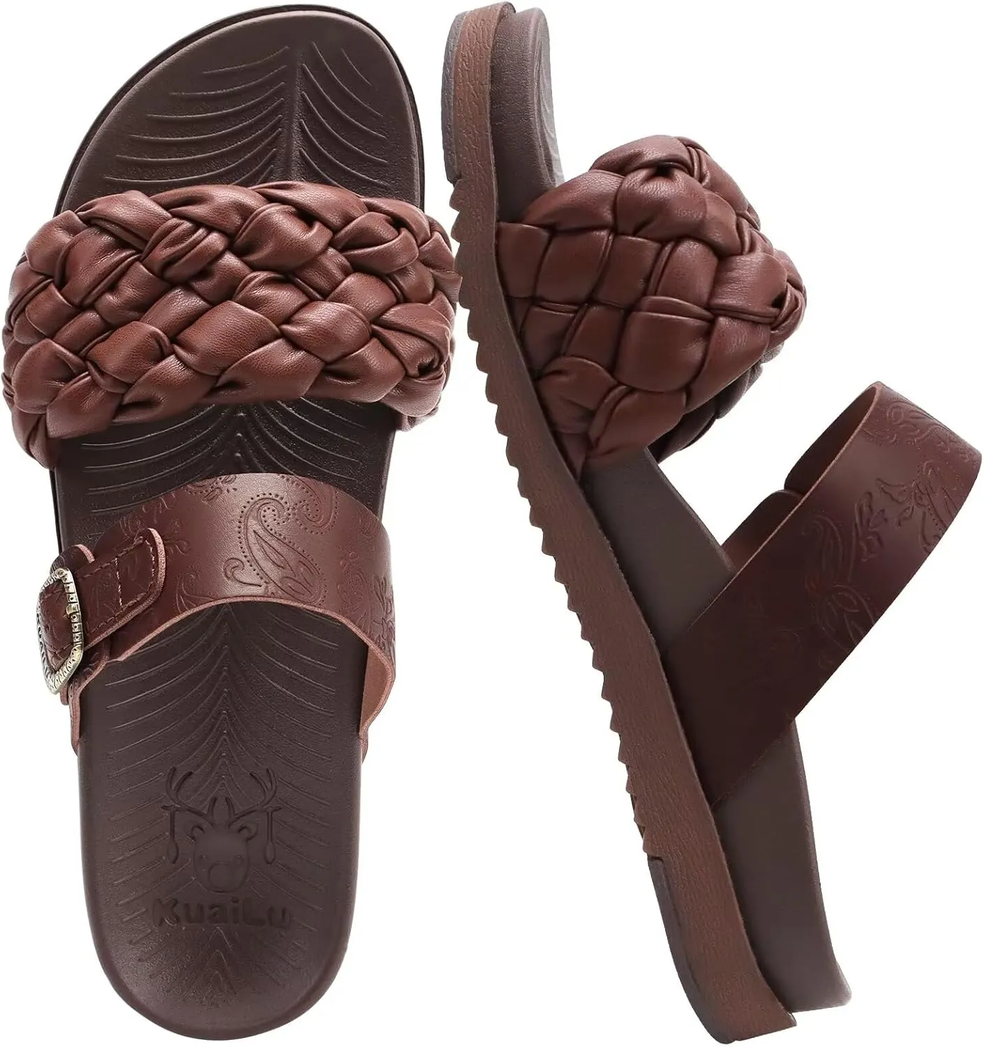 KuaiLu Womens Orthopedic Sandals Comfortable Arch Support Fashion Summer Beach Dressy Sandals With Leather Braided Adjustable Open Toe Cushion Travel Outdoor Plantar Fasciitis Shoes US Size5-11