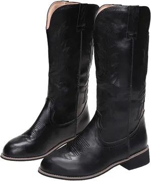 Ladmiple Cowboy Boots For Women Wide Calf Low Heel Embroidered Western Knee High Chunky Heel Fashion Retro Boot Pull-On