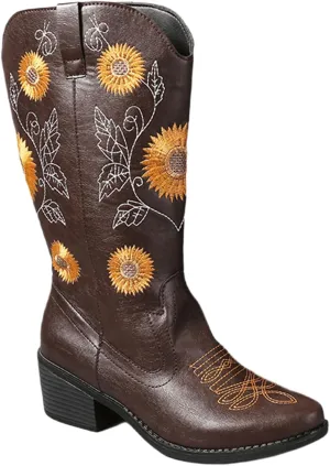 Ladmiple Cowgirl Boots Women Mid Calf Cowboy Boots Sunflower Embroidered Pull-On Chunky Heel Knee High Western Retro Boot
