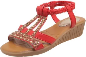 Low Wedge Sandals for Women Bohemia Beach Shoes Elastic Ankle Strap with Arch Support Slip On Open Toe Rhinestone Comfortable Shoe Comfortable Sandal T-Strap Beaded Dressy Flat