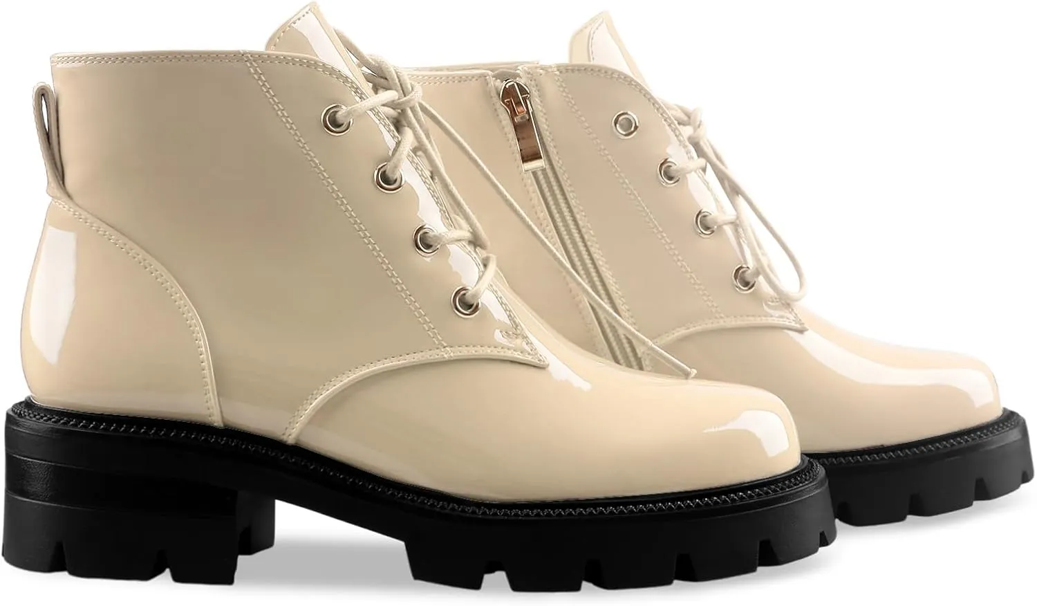 Lug Sole Chunky Heel Short Combat Boots Fashion Ankle Booties Low Heeled Platform Black Oxford Shoes with Side Zipper and Lace Up for Women Ladies Cute