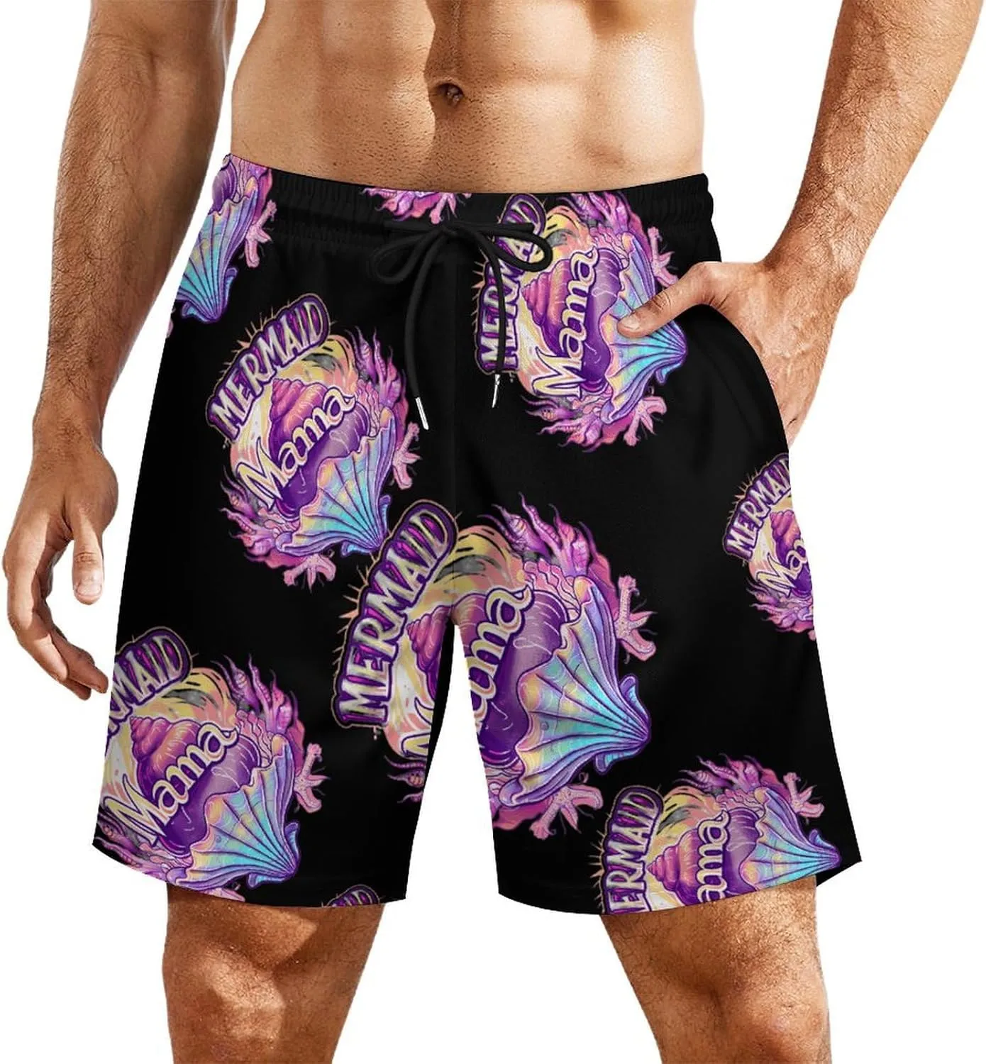 Mama Mermaid Shell Men's Swim Trunks Quick Dry Board Shorts Swimwear Beach Shorts with Compression Liner