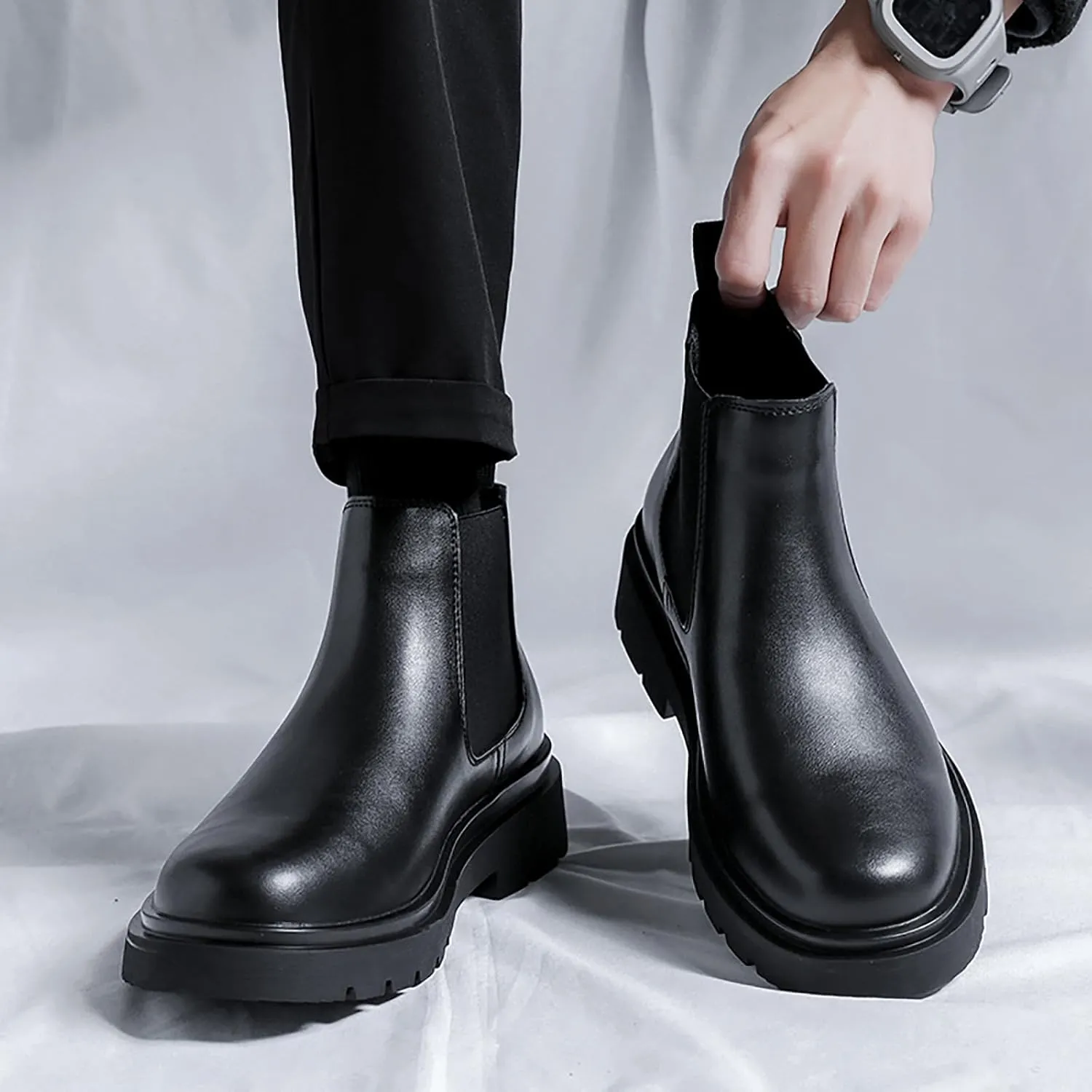 Men's Chelsea Ankle Boots Classic Leather Non-Slip Dress Boots Casual Elastic Slip On Work Boots