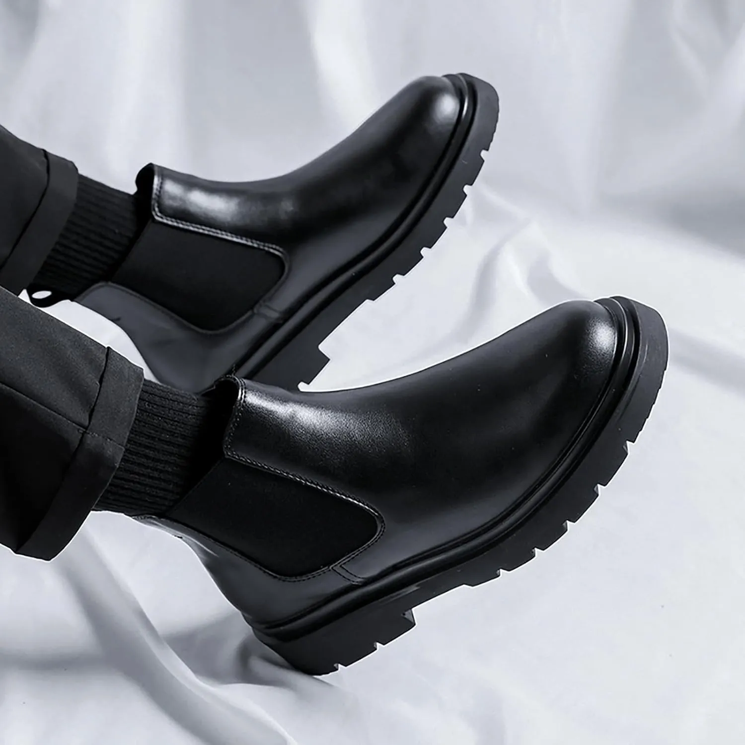 Men's Chelsea Ankle Boots Classic Leather Non-Slip Dress Boots Casual Elastic Slip On Work Boots