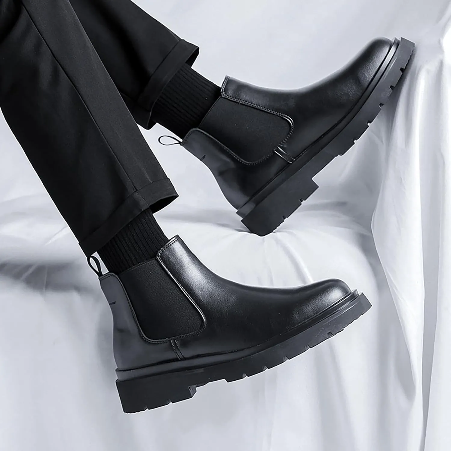 Men's Chelsea Ankle Boots Classic Leather Non-Slip Dress Boots Casual Elastic Slip On Work Boots
