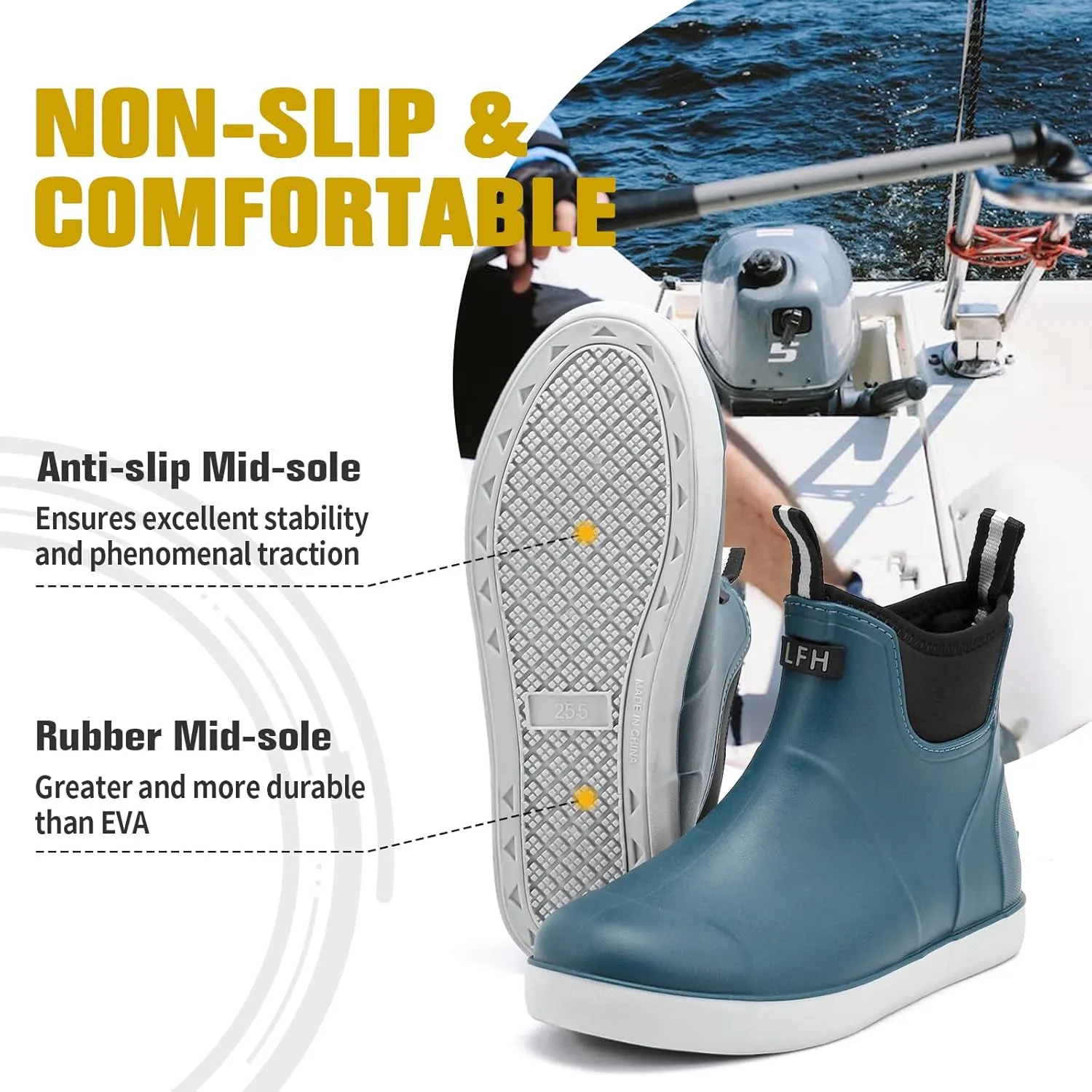 Men's Deck Boots, Waterproof Ankle Rain Boots Men Anti-Slip Traction, Outdoor Rubber Fishing Garden Boots High-Performance Shoes for Farming