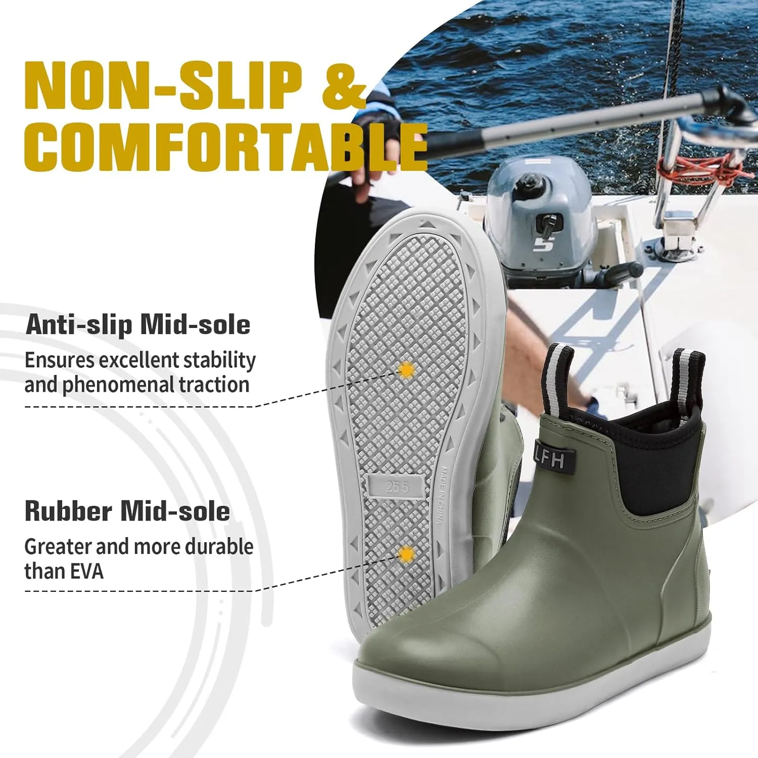 Men's Deck Boots, Waterproof Ankle Rain Boots Men Anti-Slip Traction, Outdoor Rubber Fishing Garden Boots High-Performance Shoes for Farming