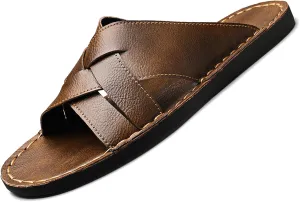 Men's Genuine Leather Braided Flat Slide Sandals Open Toe Lightweight Anti-Slip Slip On Softsole Summer Beach Sandals Indoor Outdoor Casual Slippers