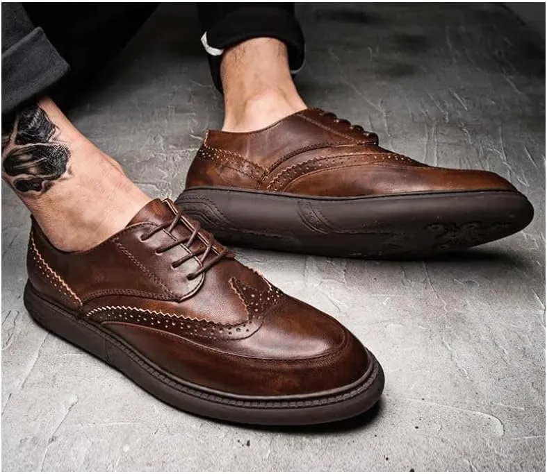 Men's Moccasins Round Toe Lug Sole Non-Slip Lace-Up Business Leather Shoes Lightweight Comfortable Thick-Soled Formal Shoes for Business Dinners