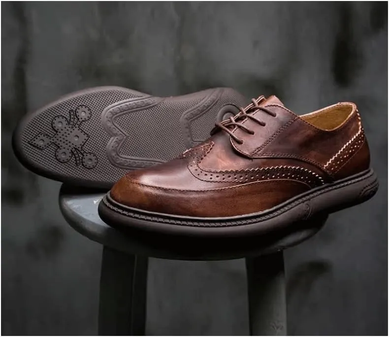 Men's Moccasins Round Toe Lug Sole Non-Slip Lace-Up Business Leather Shoes Lightweight Comfortable Thick-Soled Formal Shoes for Business Dinners