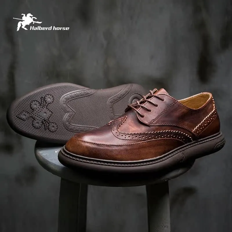 Men's Moccasins Round Toe Lug Sole Non-Slip Lace-Up Business Leather Shoes Lightweight Comfortable Thick-Soled Formal Shoes for Business Dinners