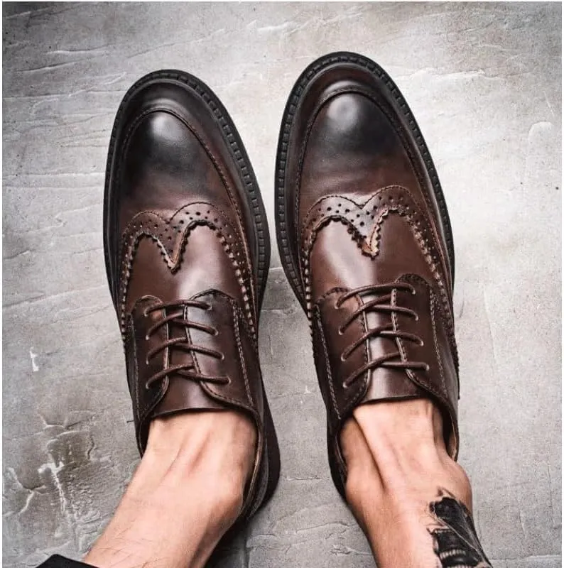 Men's Moccasins Round Toe Lug Sole Non-Slip Lace-Up Business Leather Shoes Lightweight Comfortable Thick-Soled Formal Shoes for Business Dinners
