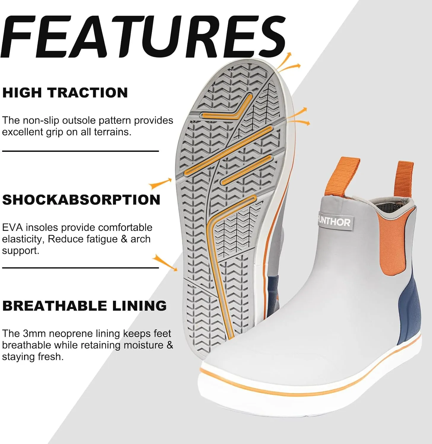 Men's Rain Boots, Waterproof Rubber Deck Boots, Anti Slip 3mm Neoprene Fishing Ankle Shoes for Outdoor Fishing, Boating （Size 7-14）