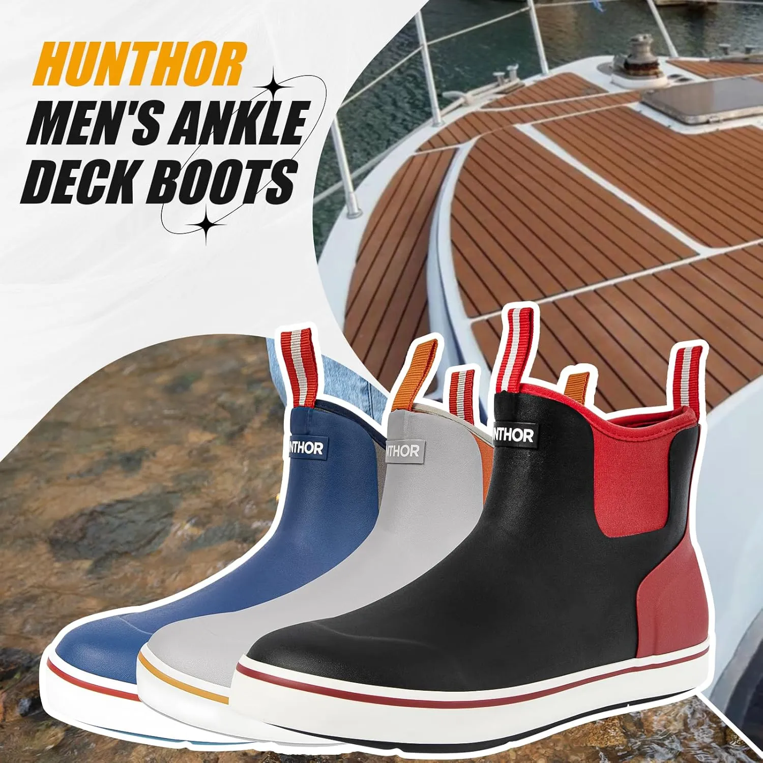 Men's Rain Boots, Waterproof Rubber Deck Boots, Anti Slip 3mm Neoprene Fishing Ankle Shoes for Outdoor Fishing, Boating （Size 7-14）