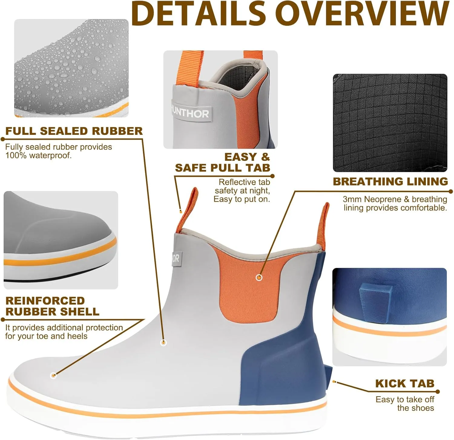 Men's Rain Boots, Waterproof Rubber Deck Boots, Anti Slip 3mm Neoprene Fishing Ankle Shoes for Outdoor Fishing, Boating （Size 7-14）