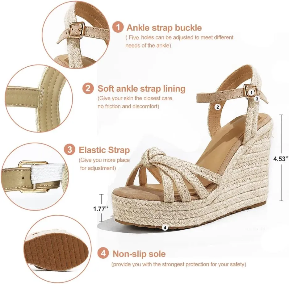 mikarka Wedge Sandals for Women: Open Toe Wedges Heels for Women - Comfortable Braided Summer Espadrilles Wedges Ankle Strap Platform High Heels Vacation Shoes