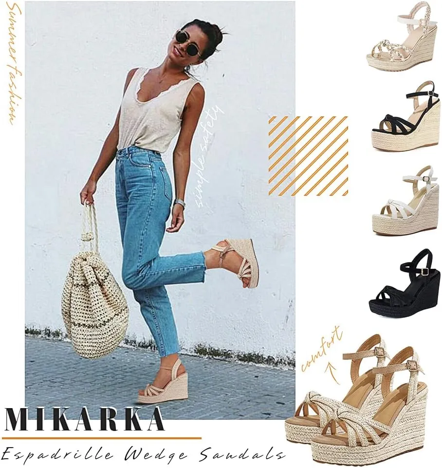 mikarka Wedge Sandals for Women: Open Toe Wedges Heels for Women - Comfortable Braided Summer Espadrilles Wedges Ankle Strap Platform High Heels Vacation Shoes