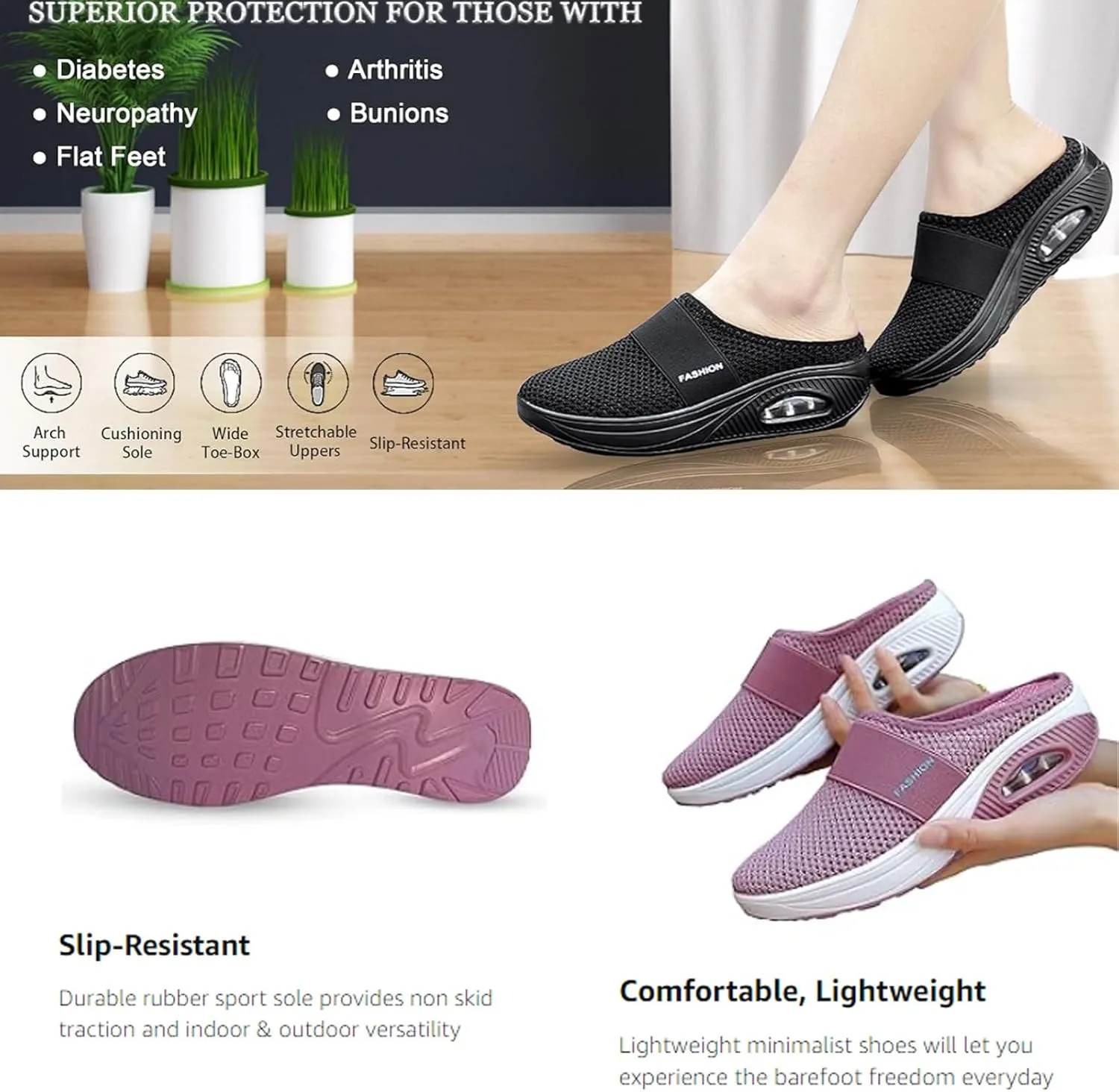 Mules for Women 2025 Backless Walking Sneakers Summer Slip-On Mule Shoes Mesh Air Cushion Orthopedic Diabetic Shoes with Arch-Support Open Back Breathable Slippers Closed Toe Slides