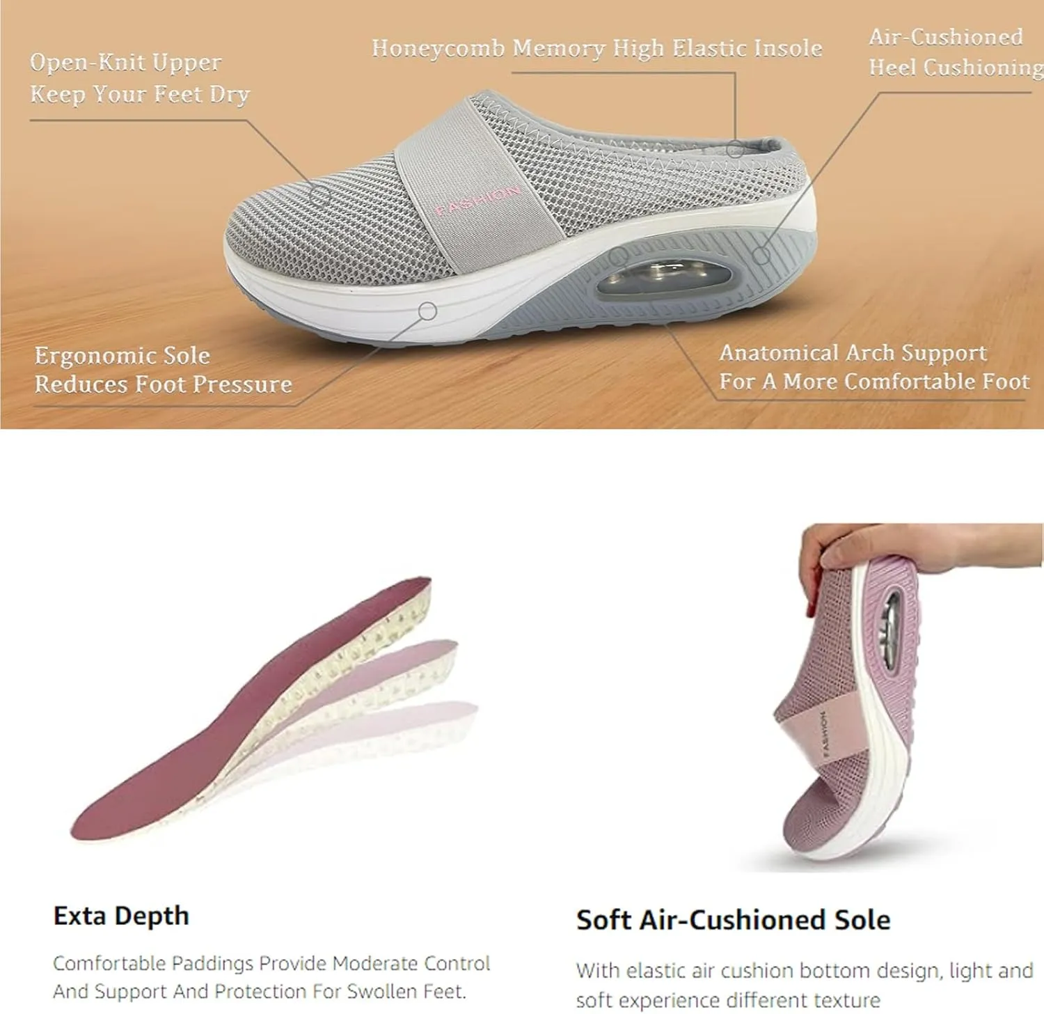 Mules for Women 2025 Backless Walking Sneakers Summer Slip-On Mule Shoes Mesh Air Cushion Orthopedic Diabetic Shoes with Arch-Support Open Back Breathable Slippers Closed Toe Slides