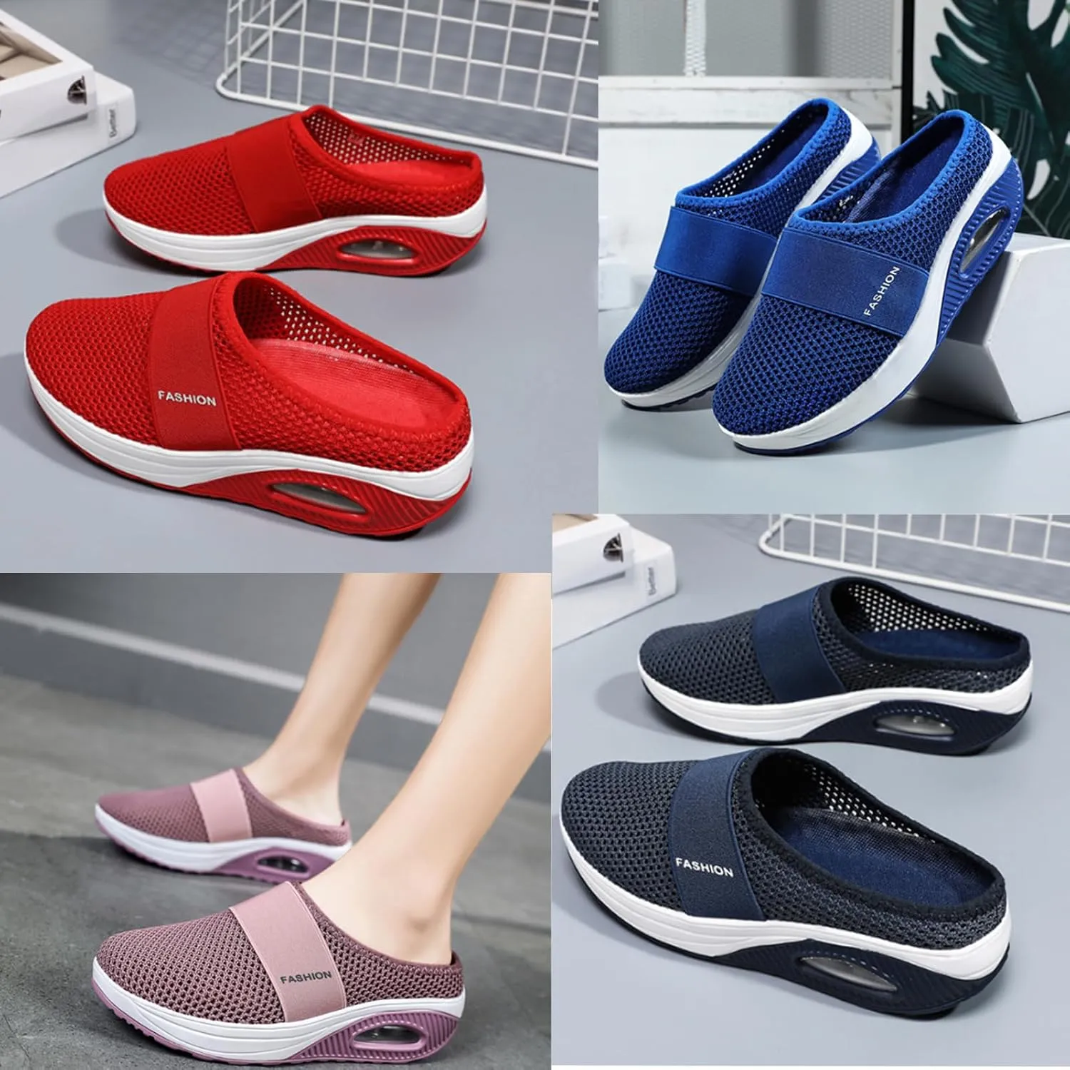 Mules for Women 2025 Backless Walking Sneakers Summer Slip-On Mule Shoes Mesh Air Cushion Orthopedic Diabetic Shoes with Arch-Support Open Back Breathable Slippers Closed Toe Slides