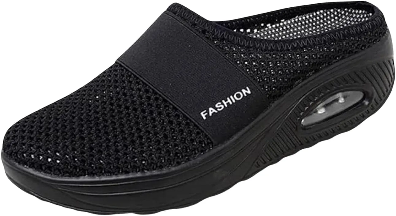 Mules for Women 2025 Backless Walking Sneakers Summer Slip-On Mule Shoes Mesh Air Cushion Orthopedic Diabetic Shoes with Arch-Support Open Back Slip On Shoes Breathable Slippers Closed Toe Slides