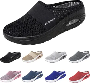Mules for Women 2025 Backless Walking Sneakers Summer Slip-On Mule Shoes Mesh Air Cushion Orthopedic Diabetic Shoes with Arch-Support Open Back Slip On Shoes Breathable Slippers Closed Toe Slides