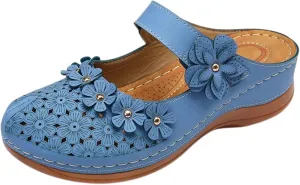 Mules for Women Wedge Sandals Comfortable Dressy Summer Closed Toe Casual Slip On Shoes with Adjustable Hook Loop Heel Sandal Mule Clogs Low Orthopedic Round Head Anti-Slip Soft Bottom Footwear