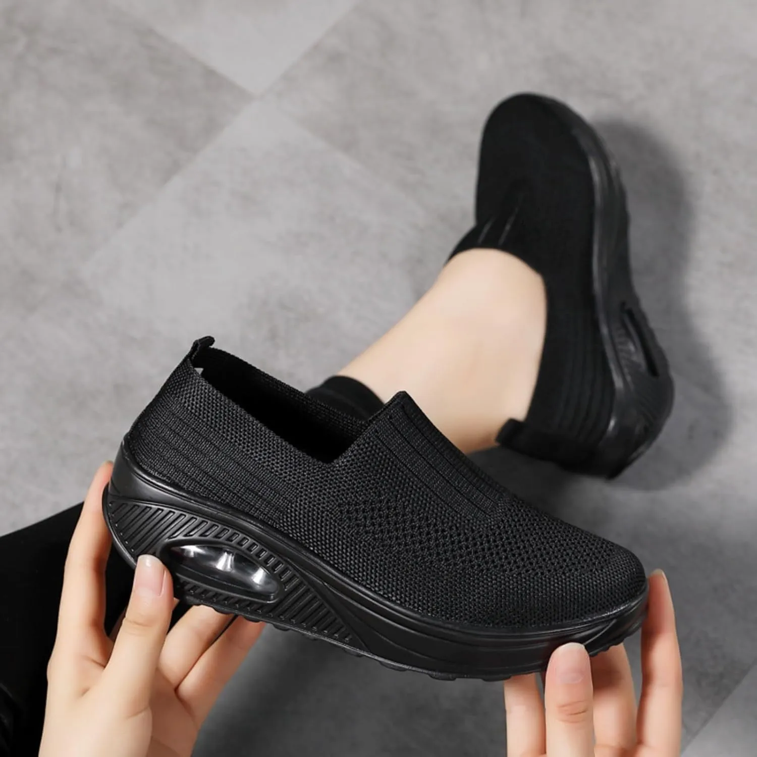 Myallfeet Women's Slip-on Air-Cushion Heightening Thick-Soled Sports and Casual Shoes Mesh Stretch Thick Soled Sneakers Casual Body Shaping Rocker Shoes