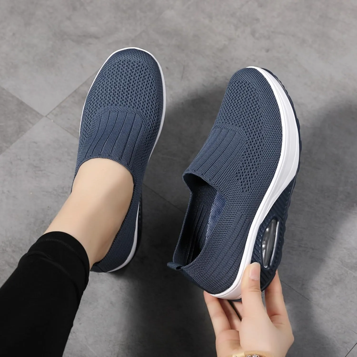 Myallfeet Women's Slip-on Air-Cushion Heightening Thick-Soled Sports and Casual Shoes Mesh Stretch Thick Soled Sneakers Casual Body Shaping Rocker Shoes