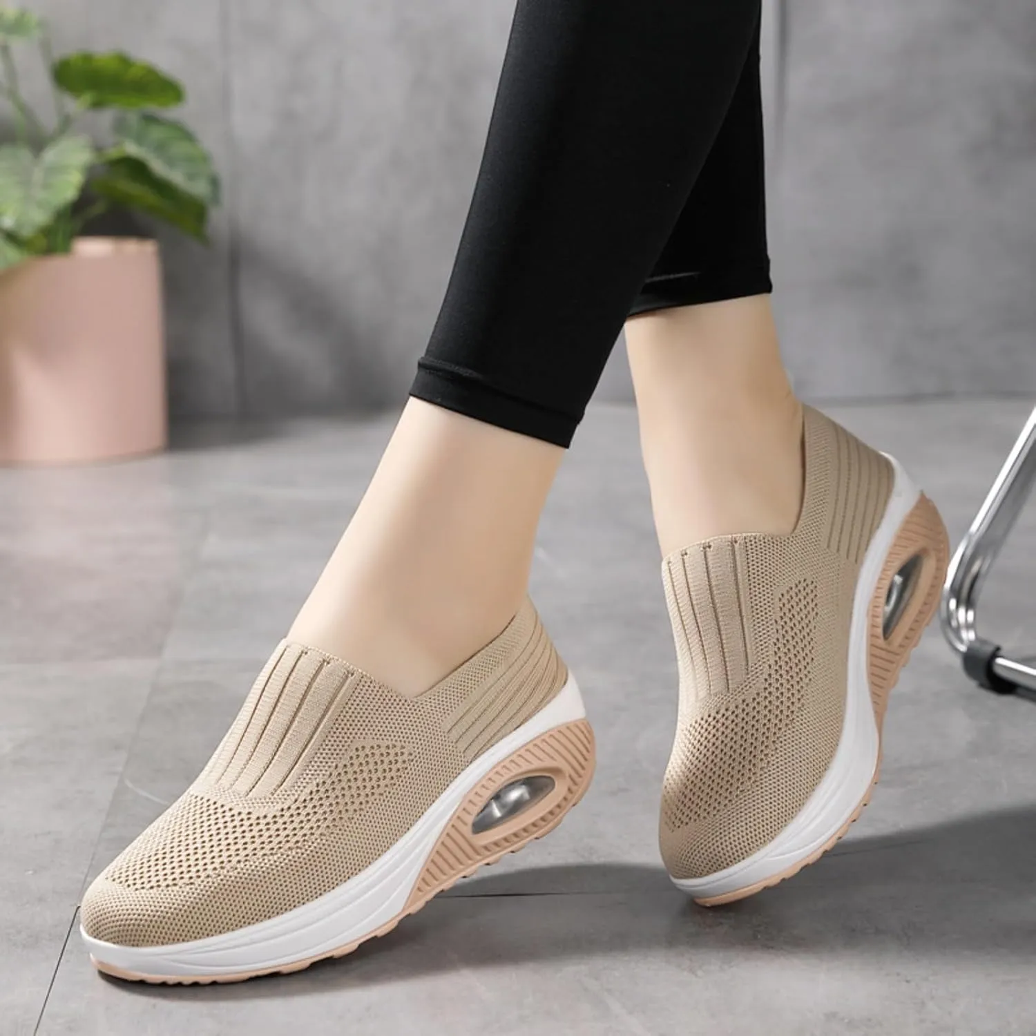 Myallfeet Women's Slip-on Air-Cushion Heightening Thick-Soled Sports and Casual Shoes Mesh Stretch Thick Soled Sneakers Casual Body Shaping Rocker Shoes