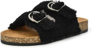Nicole Miller Betsy Fuzzy Slide Sandals for Women- Comfortable Insole Slip-On Cork Slide Sandals with Adjustable Straps, Women's Sandals with Faux Fur