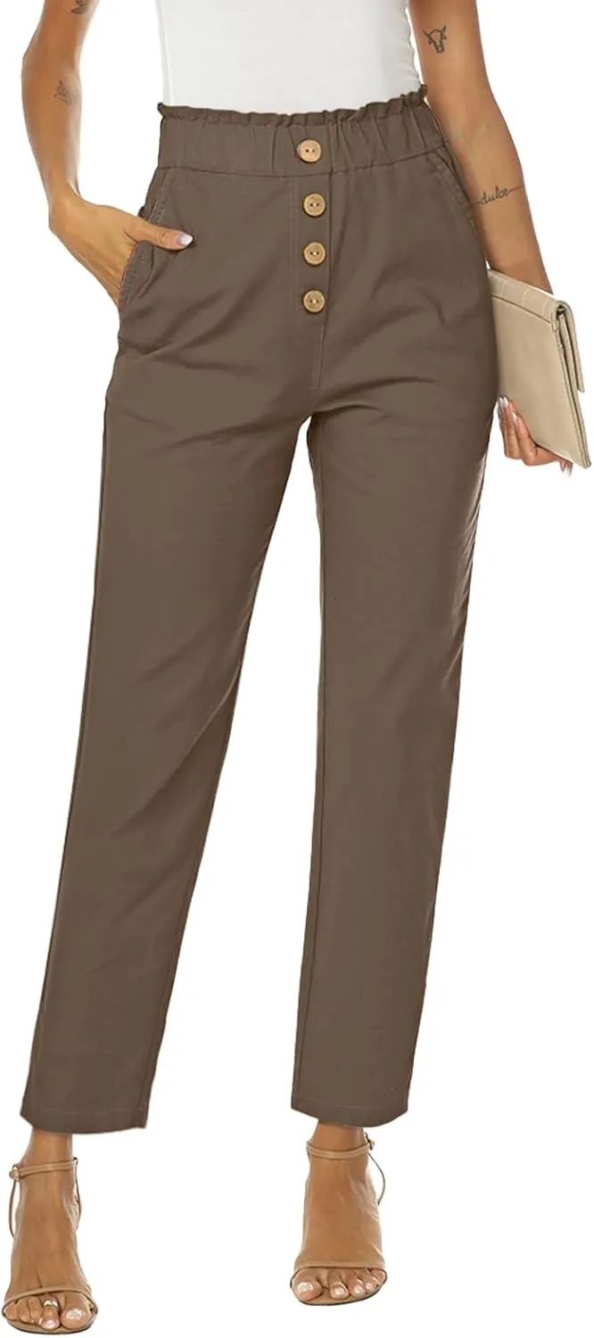NIMIN Womens Casual Pants High Waisted Work Pants Elastic Cropped Dress Paper Bag Pants with Pockets