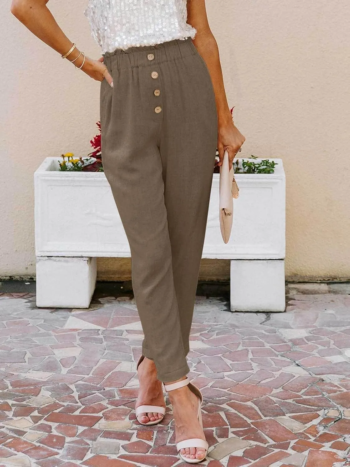 NIMIN Womens Casual Pants High Waisted Work Pants Elastic Cropped Dress Paper Bag Pants with Pockets