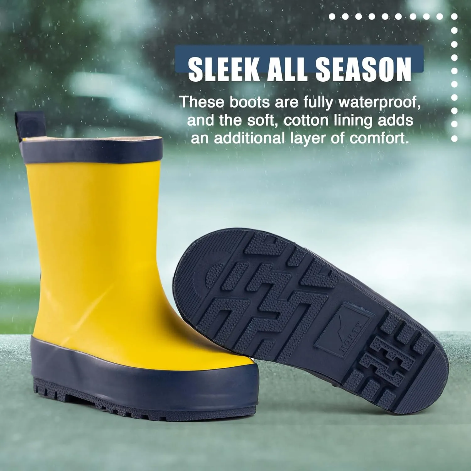 NORTY Rubber Rain Boots for Kids - Waterproof Rubber Boots Boys and Girls Solid & Printed Rainboots for Toddlers and Kids