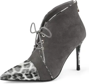 Oh Mispares Women’s Pointed Toe Booties Stiletto Heel Lace up Back Zipper Suede Patent Leather Splicing Ankle Boots 4 Inch Dress Heels