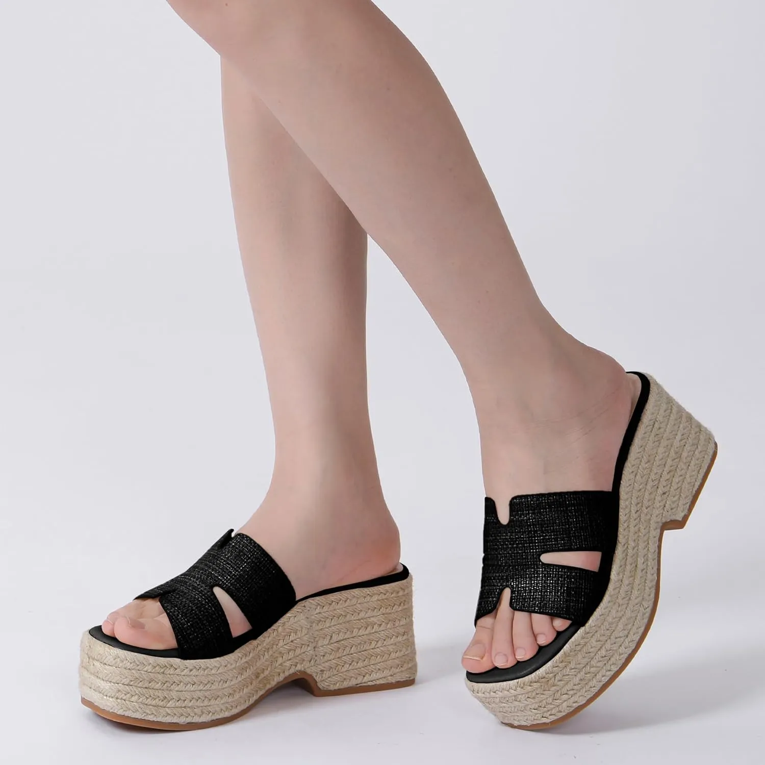 Platform Espadrille Sandals for Women Slip-On Wedge Slides Fashionable Open-Toe Chunky Sandals for Summer Outdoor Beach