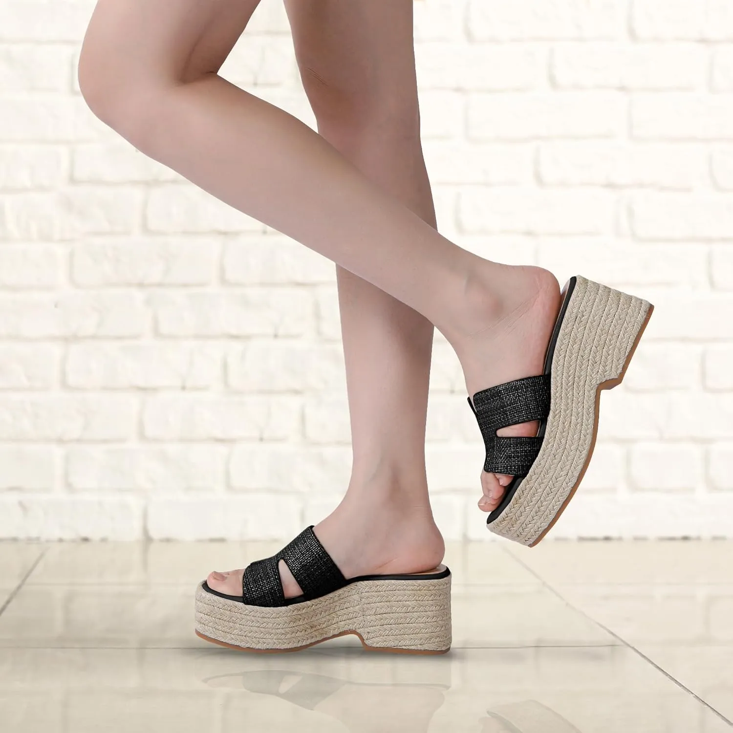 Platform Espadrille Sandals for Women Slip-On Wedge Slides Fashionable Open-Toe Chunky Sandals for Summer Outdoor Beach