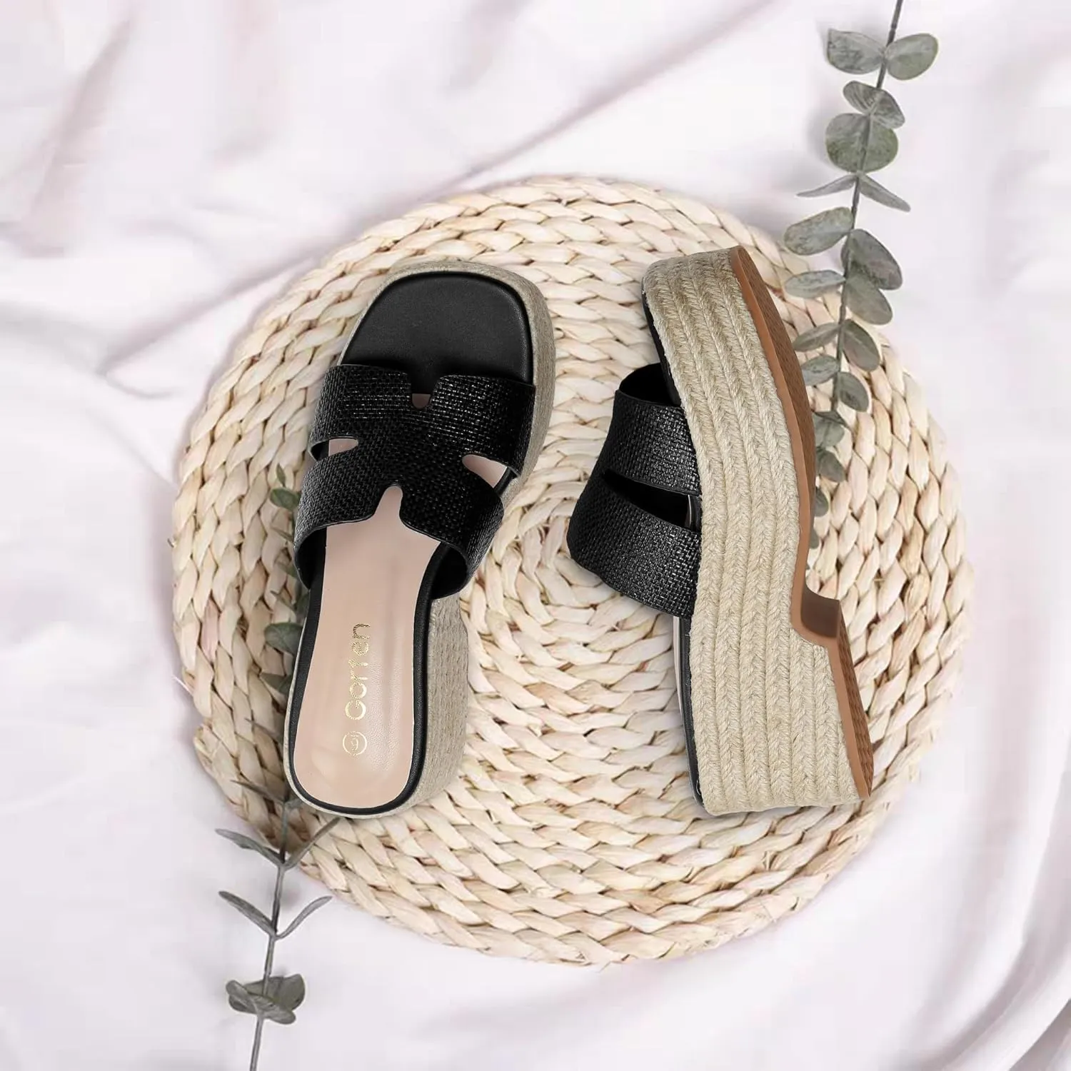 Platform Espadrille Sandals for Women Slip-On Wedge Slides Fashionable Open-Toe Chunky Sandals for Summer Outdoor Beach