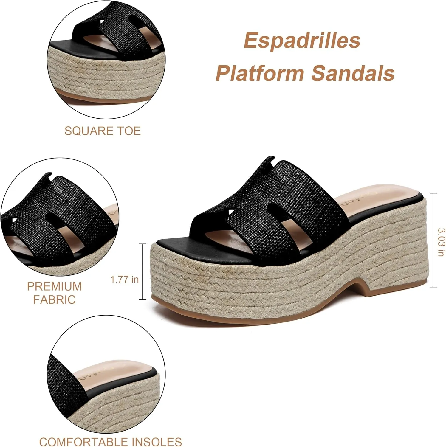Platform Espadrille Sandals for Women Slip-On Wedge Slides Fashionable Open-Toe Chunky Sandals for Summer Outdoor Beach