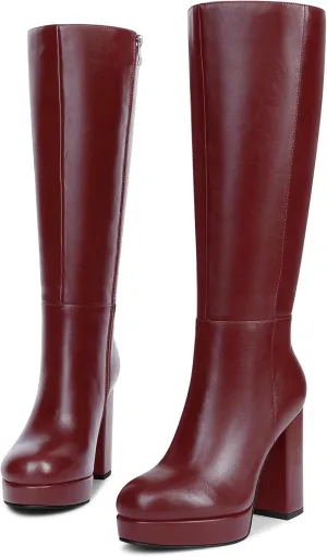 Platform Knee High Boots for Women with Chunky Heel Round Toe Side Zipper