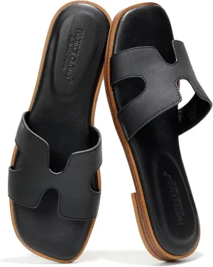 Project Cloud Genuine Leather Summer Sandals for Women 2025 - Comfortable Memory Foam Insole Slides and Non Slip Fashion Flat Womens Sandals (Jannel)