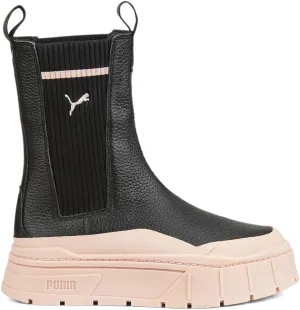 Puma Womens Mayze Stack Round Toe Pull On Platform Chelsea Casual Boots Mid Calf Low Heel 1-2" - Black