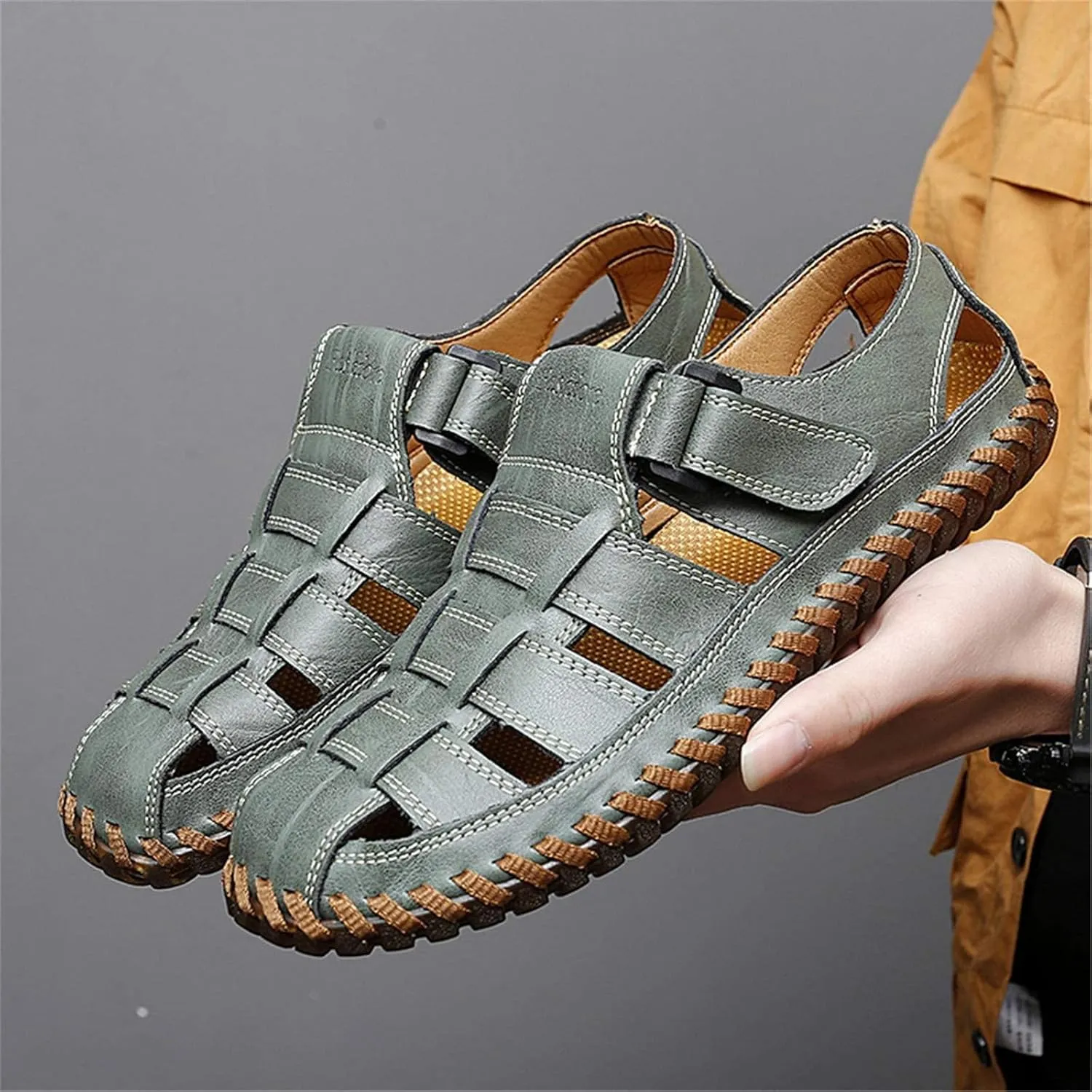 Qiucdzi Mens Sport Sandals Breathable Outdoor Fisherman Shoes Adjustable Closed Toe Summer Leather Loafters