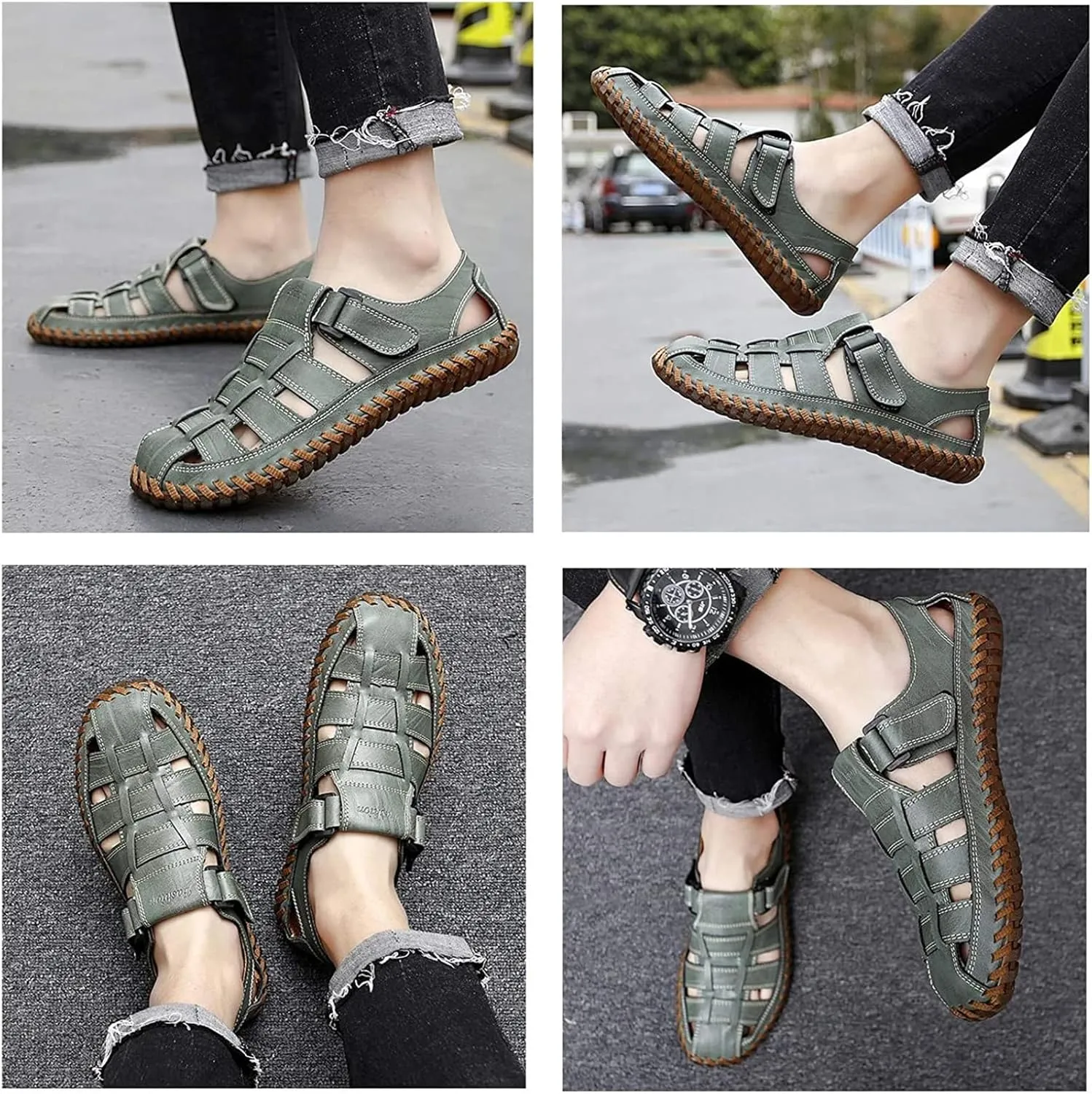 Qiucdzi Mens Sport Sandals Breathable Outdoor Fisherman Shoes Adjustable Closed Toe Summer Leather Loafters