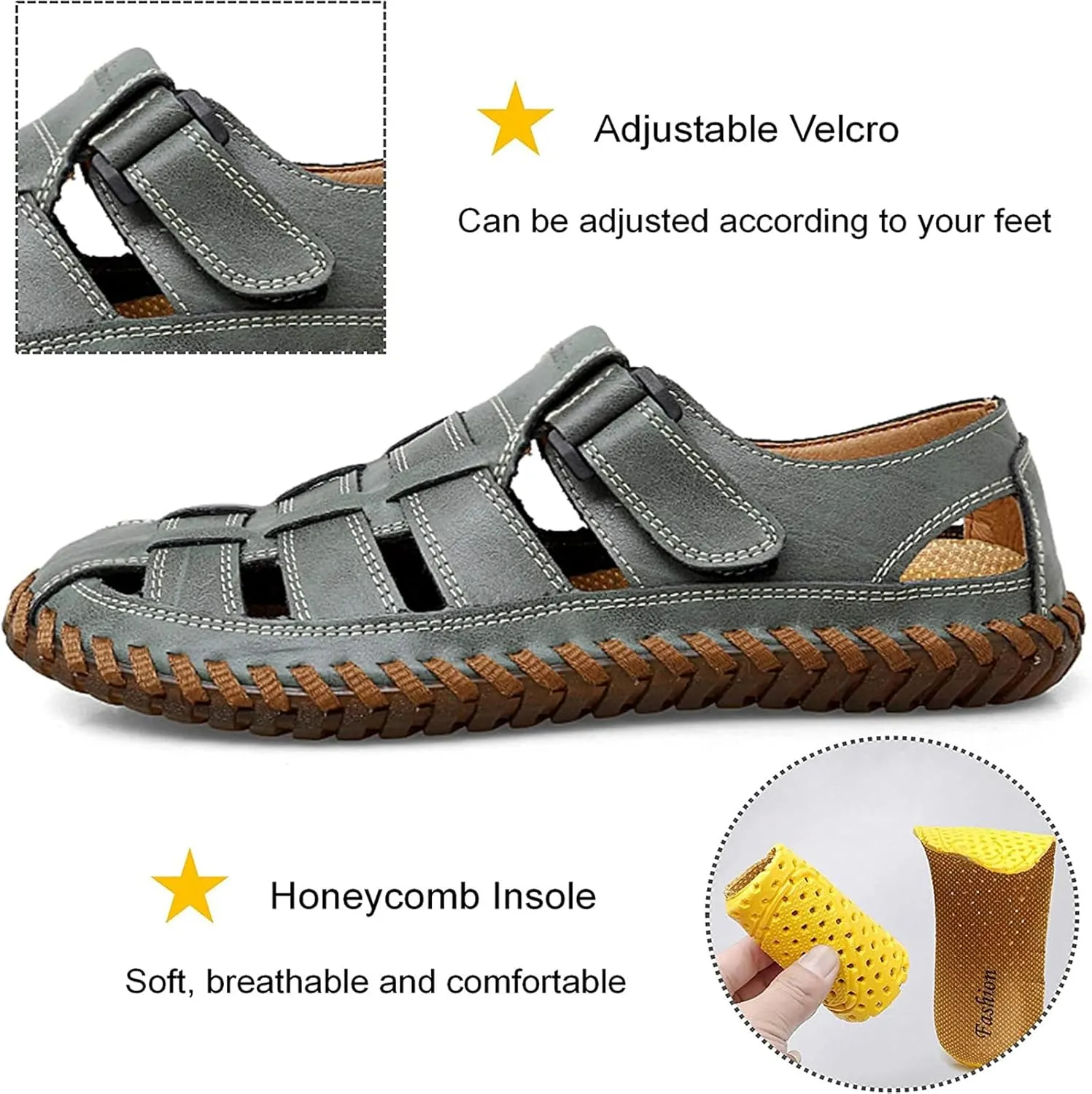 Qiucdzi Mens Sport Sandals Breathable Outdoor Fisherman Shoes Adjustable Closed Toe Summer Leather Loafters