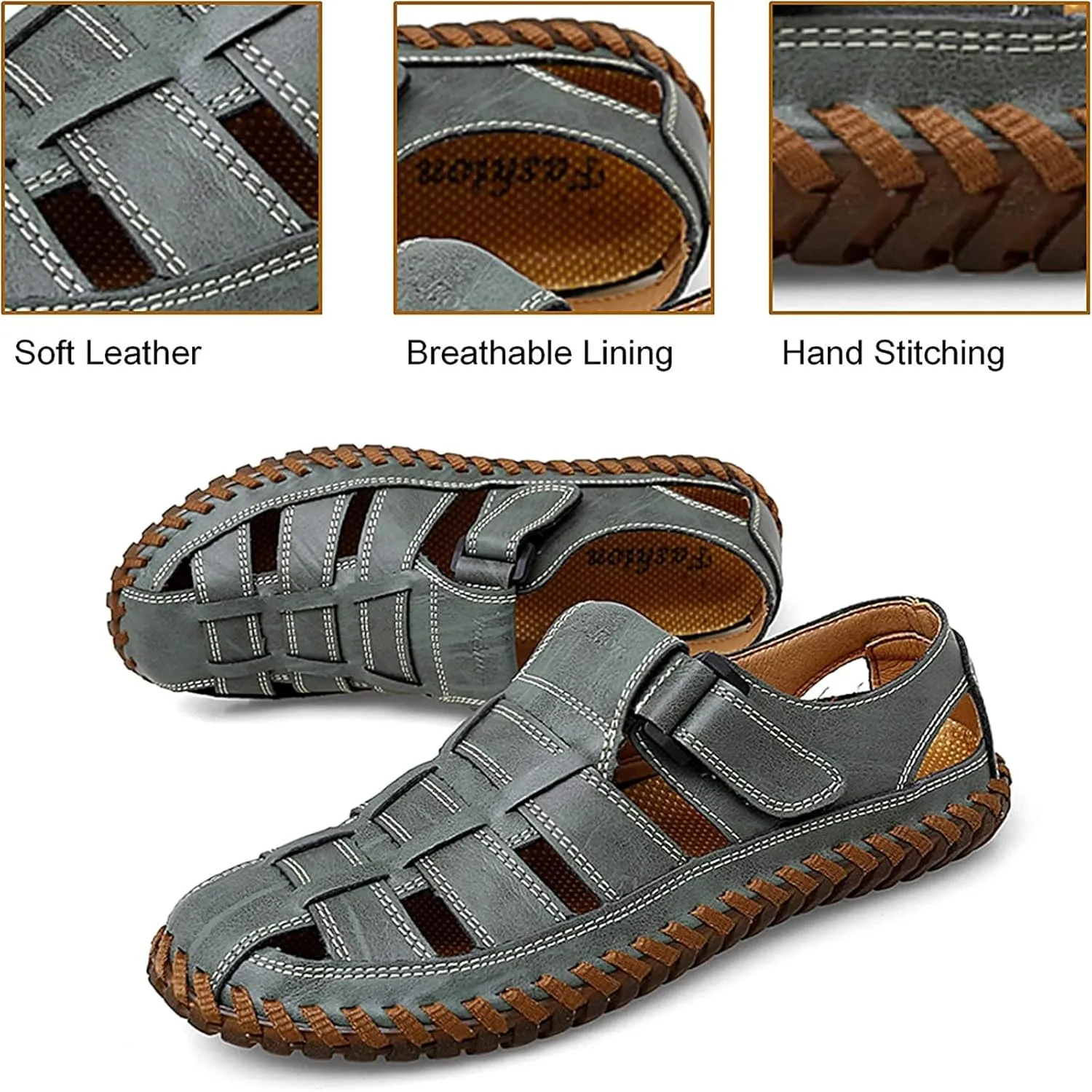 Qiucdzi Mens Sport Sandals Breathable Outdoor Fisherman Shoes Adjustable Closed Toe Summer Leather Loafters