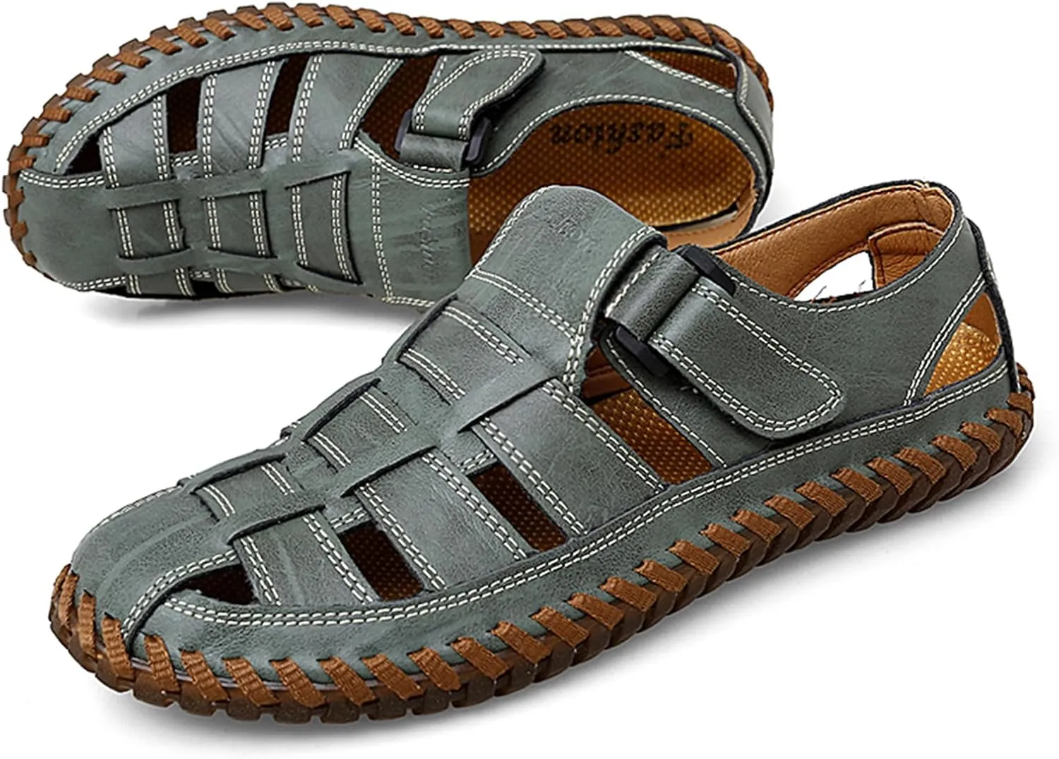 Qiucdzi Mens Sport Sandals Breathable Outdoor Fisherman Shoes Adjustable Closed Toe Summer Leather Loafters