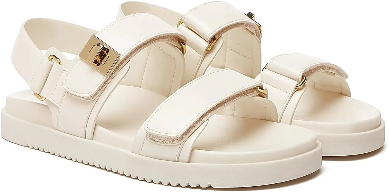 Rihero Women's Flat Sandals Comfort Adjustable Double Strap Slip on Leather Footbed Sandals
