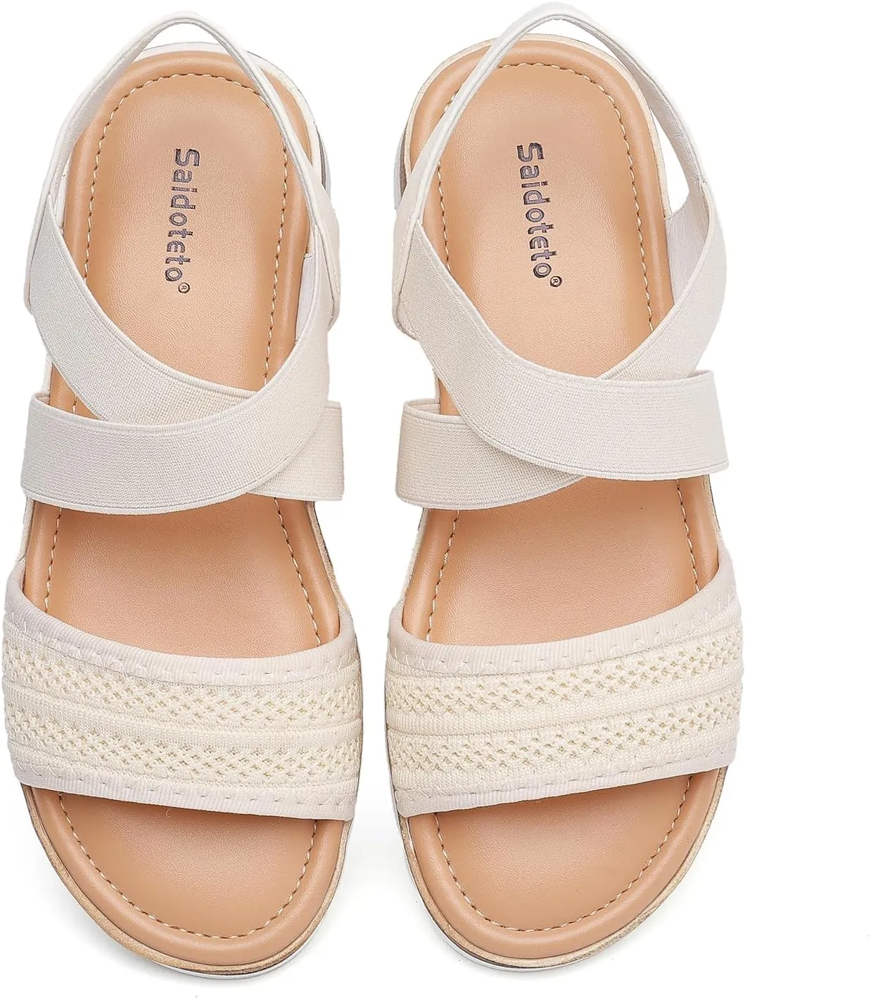 Saidoteto Women's Wide Width Flat Sandals,Comfortable Elastic Ankle Strap Slingback Slip-On Open Toe Low Wedge Walking Sandals for Summer & Casual
