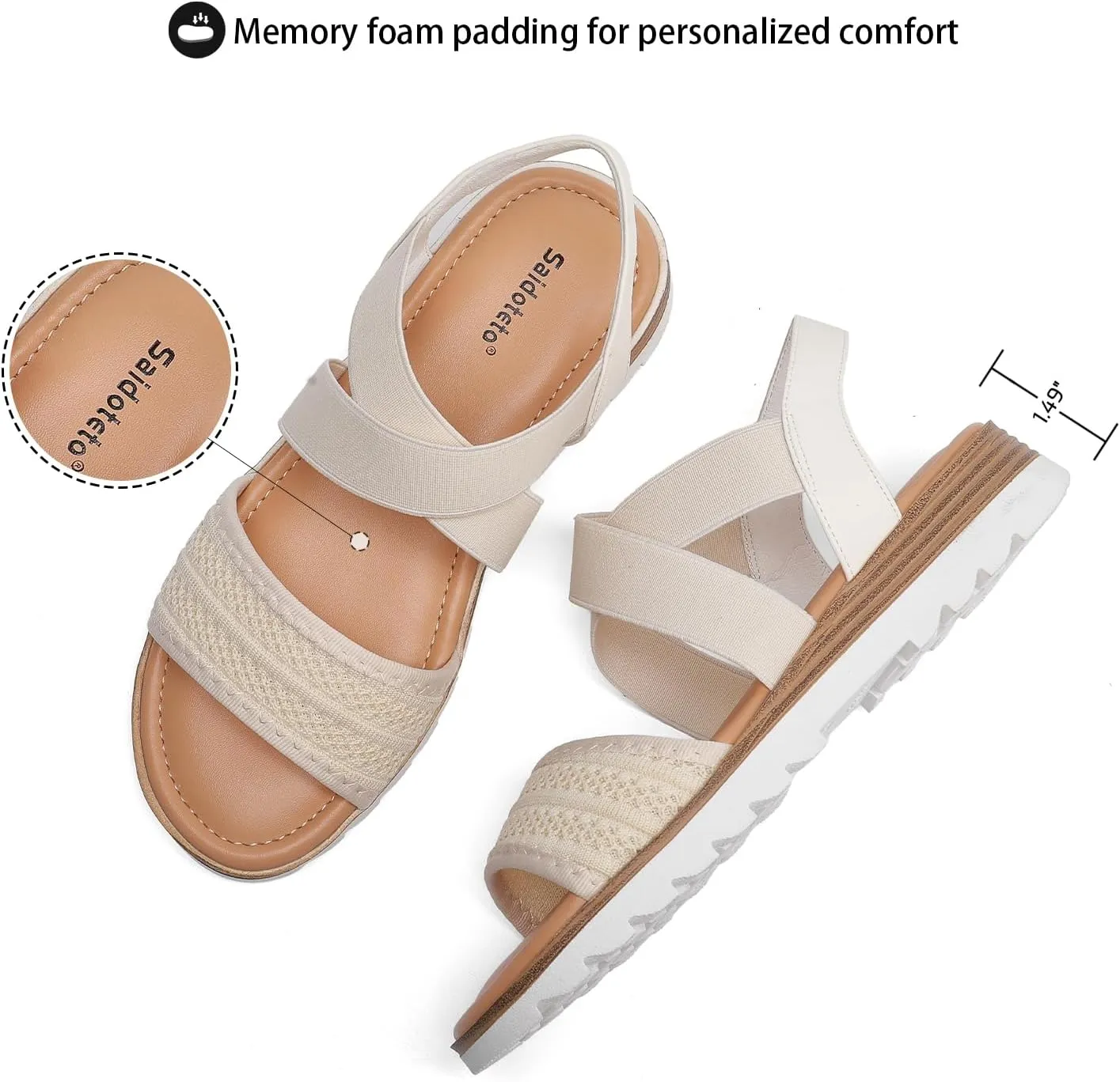 Saidoteto Women's Wide Width Flat Sandals,Comfortable Elastic Ankle Strap Slingback Slip-On Open Toe Low Wedge Walking Sandals for Summer & Casual
